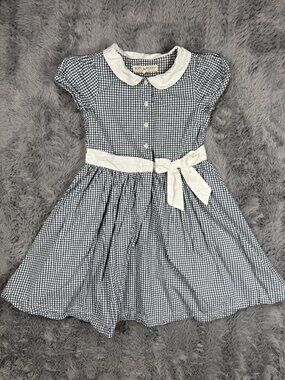 Hope & Henry Girls Size 7 White Blue Gingham Organic Cotton Collared Dress Bow